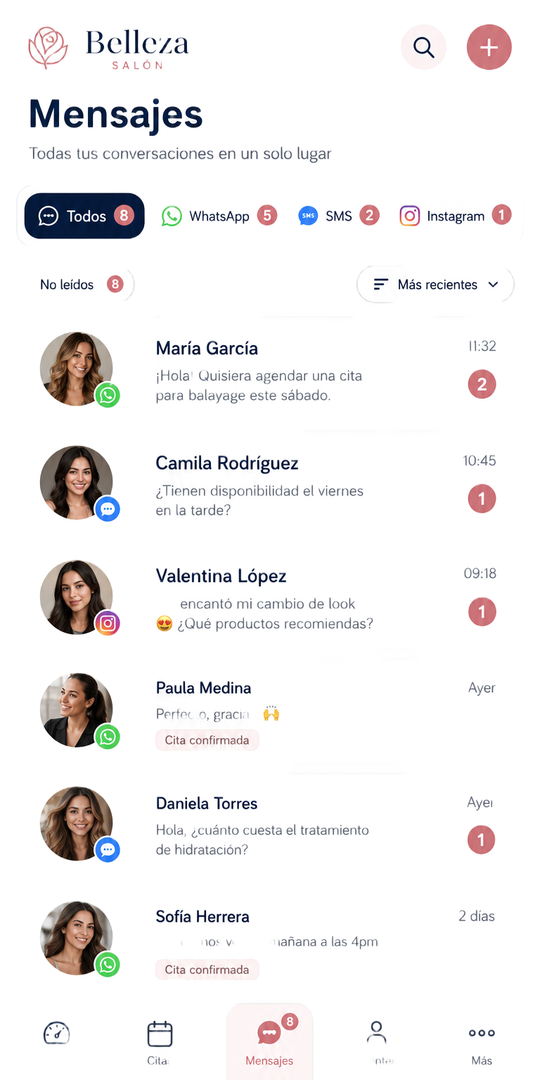 Bandeja de mensajes de WhatsApp, SMS e Instagram